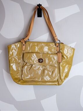 Coach Signature Patent Leather Tote Beige